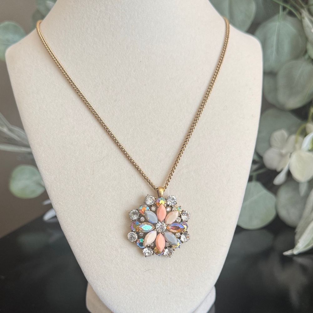 J.Crew Crystal Floral Statement Necklace Pastel Rhinestone Pendant